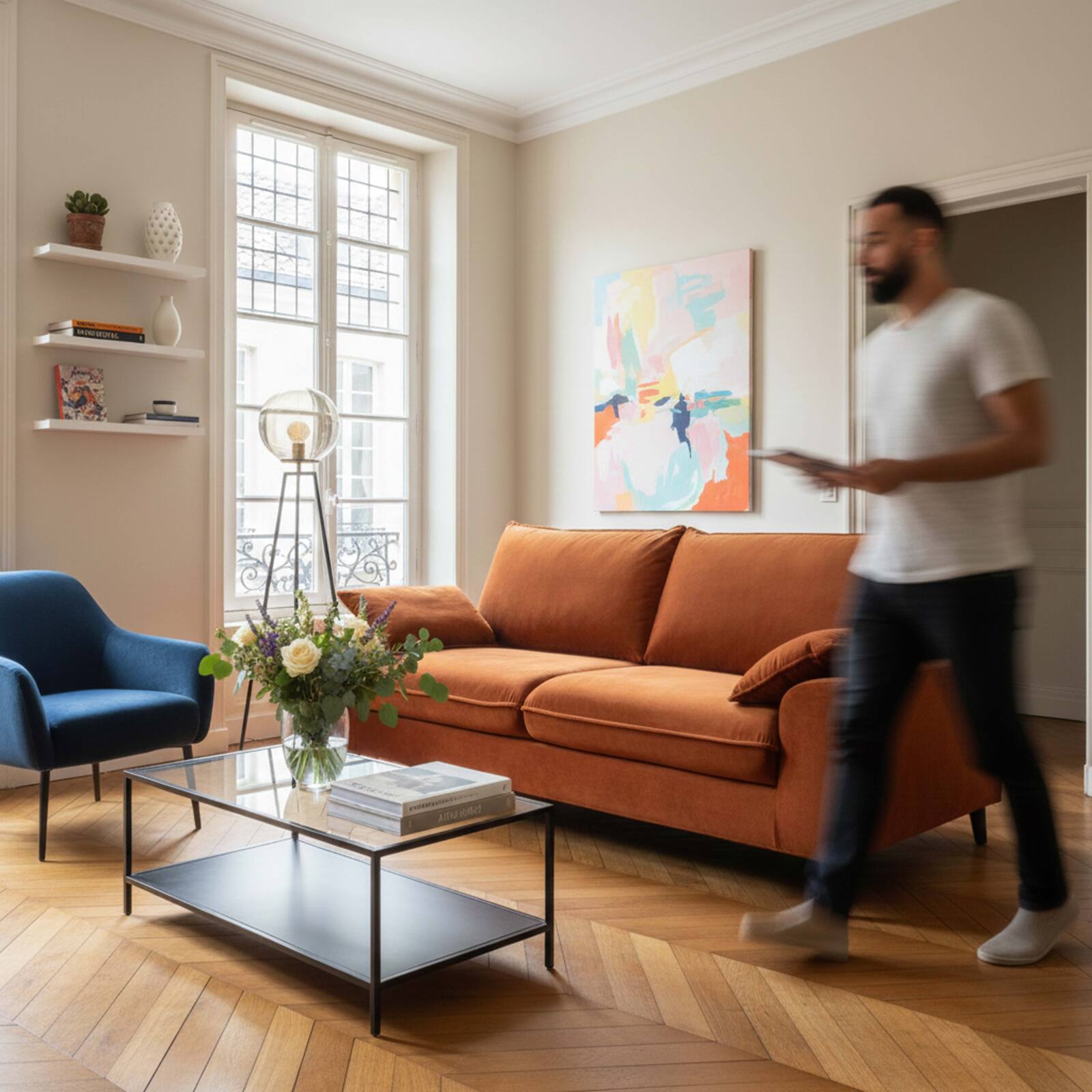 Canapé 3 places en velours déhoussable avec coussins