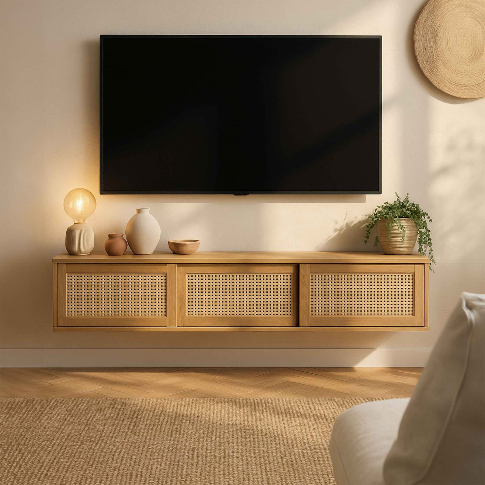 Meuble TV suspendu effet bois clair 160 cm style bohème