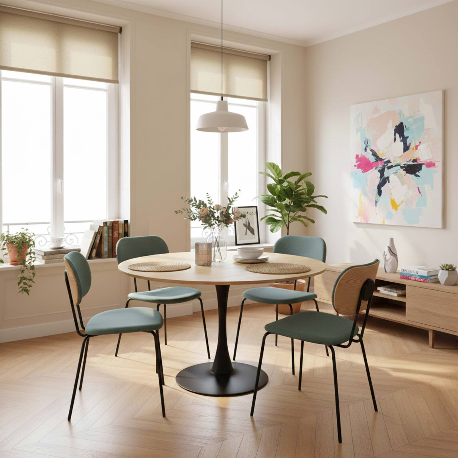 Table à manger ronde en métal et plaquage bois 4 personnes