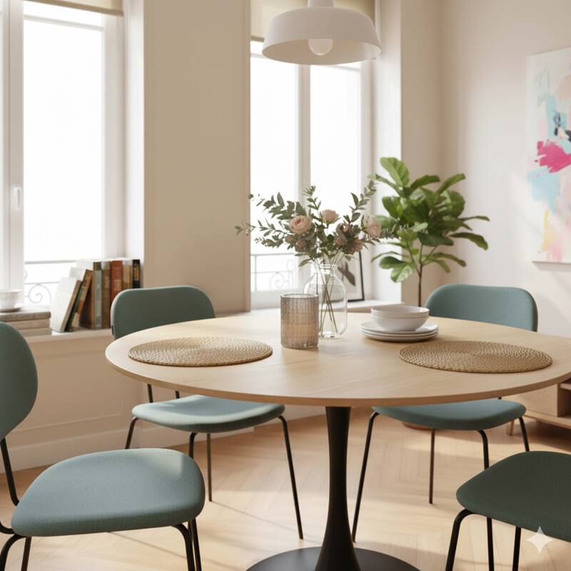 Table à manger ronde en métal et plaquage bois 4 personnes (2/5)