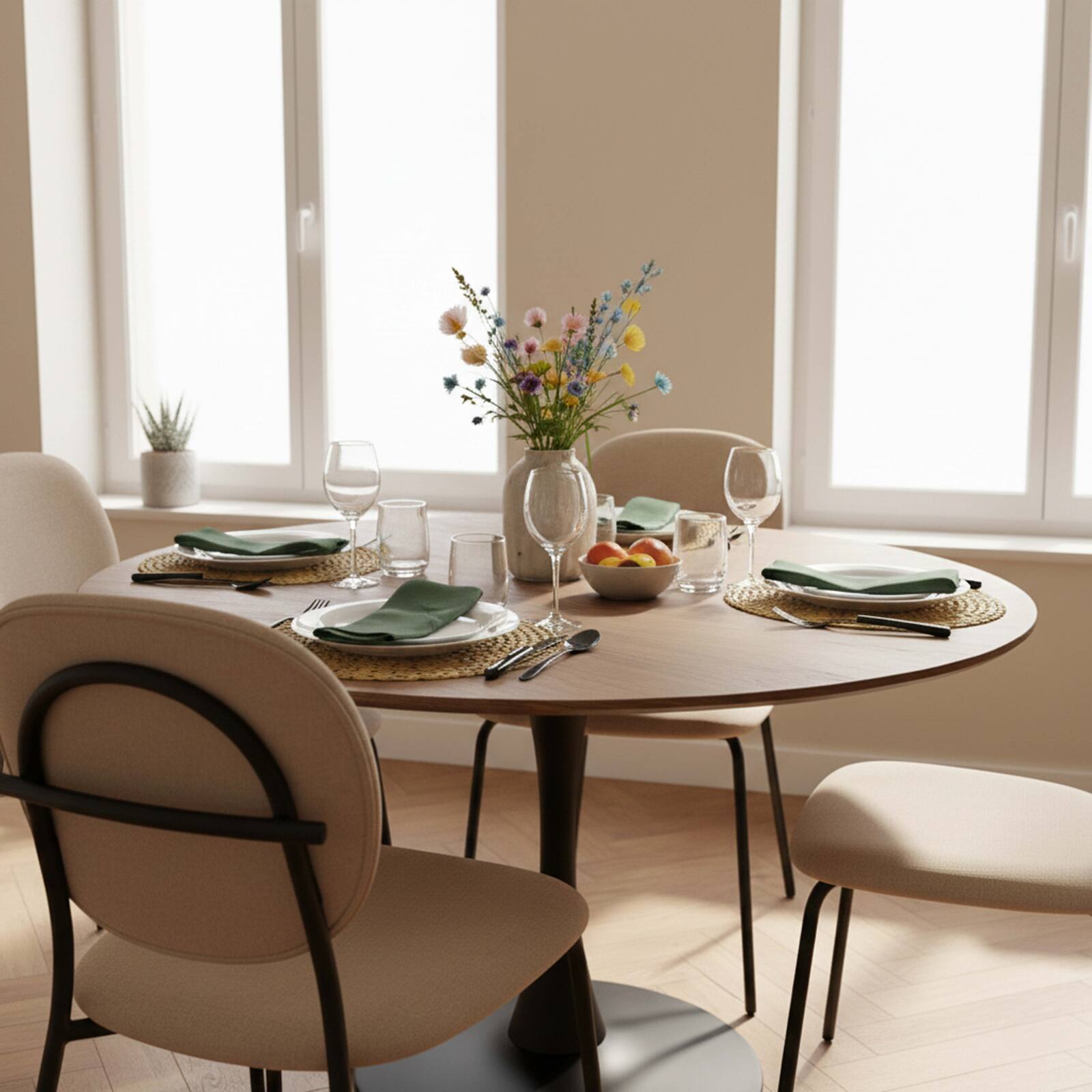 Table à manger ronde en métal et plaquage bois 4 personnes