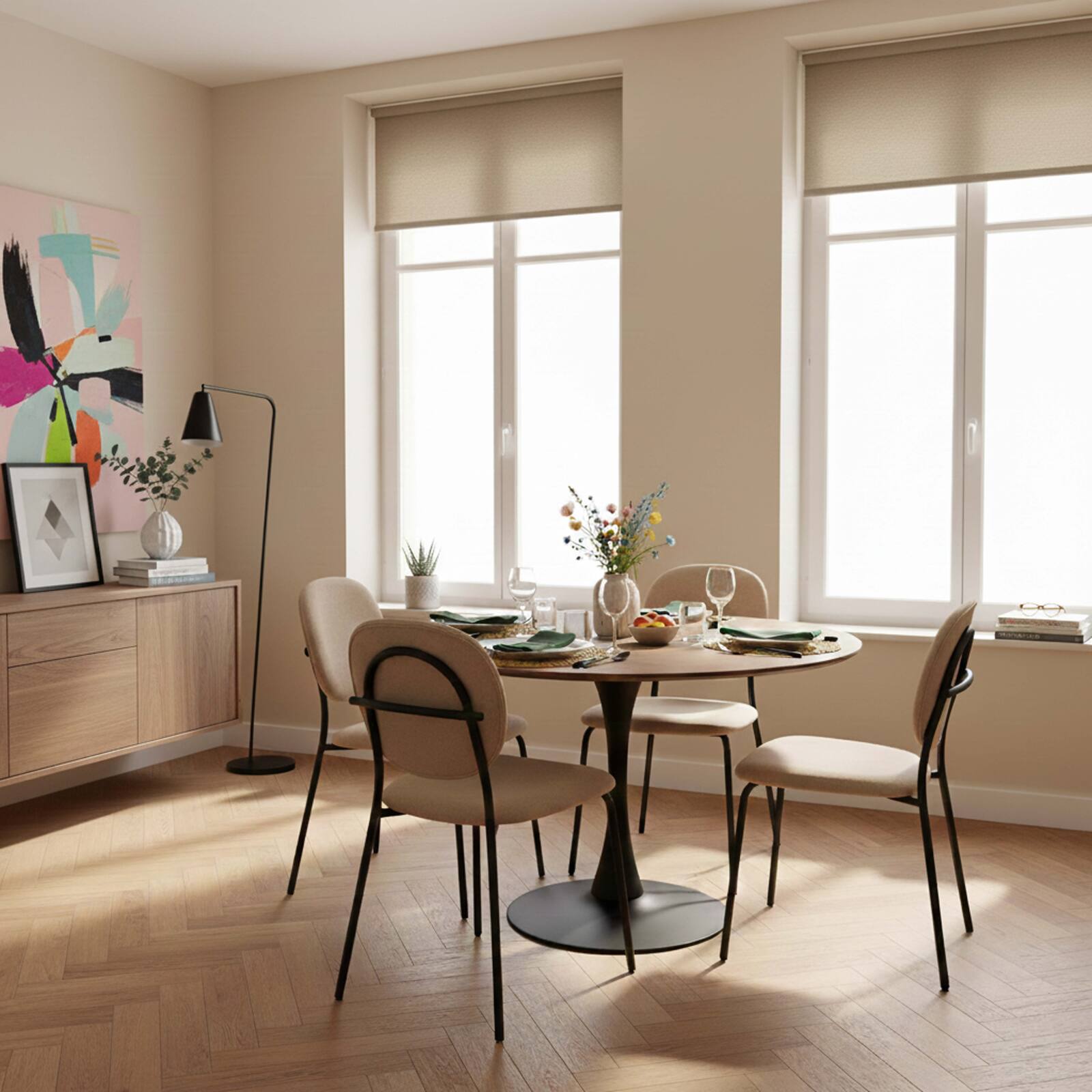 Table à manger ronde en métal et plaquage bois 4 personnes