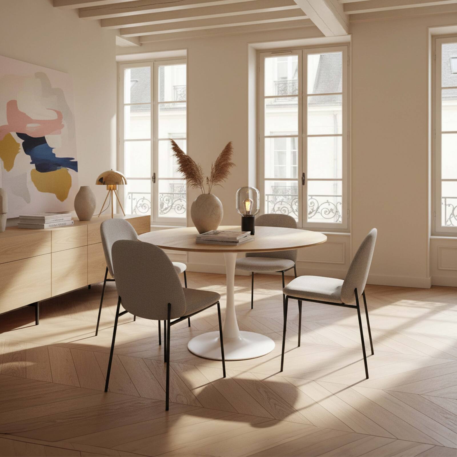 Table à manger ronde en mélaminé et métal 4 personnes