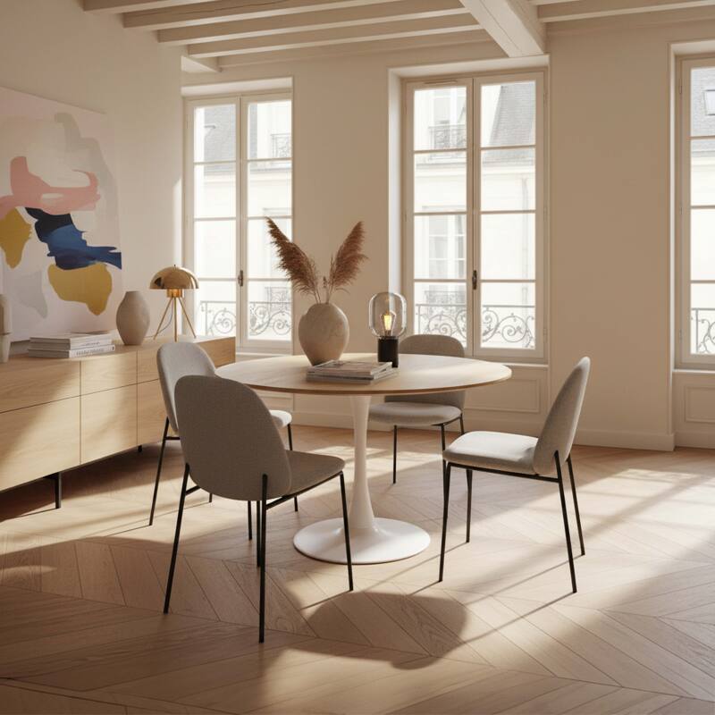 Table à manger ronde en mélaminé et métal 4 personnes