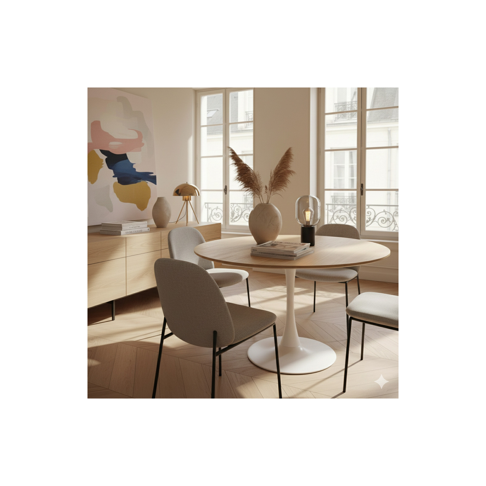 Table à manger ronde en mélaminé et métal 4 personnes