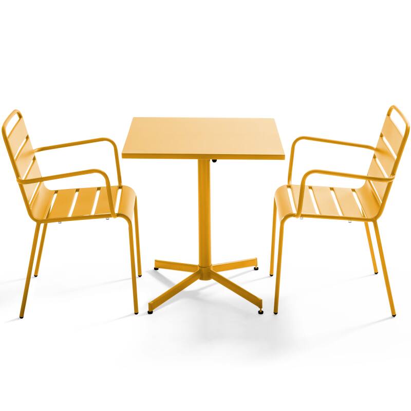 Table de jardin bistrot carrée inclinable en métal 70x70 cm et 2 chaises avec accoudoirs