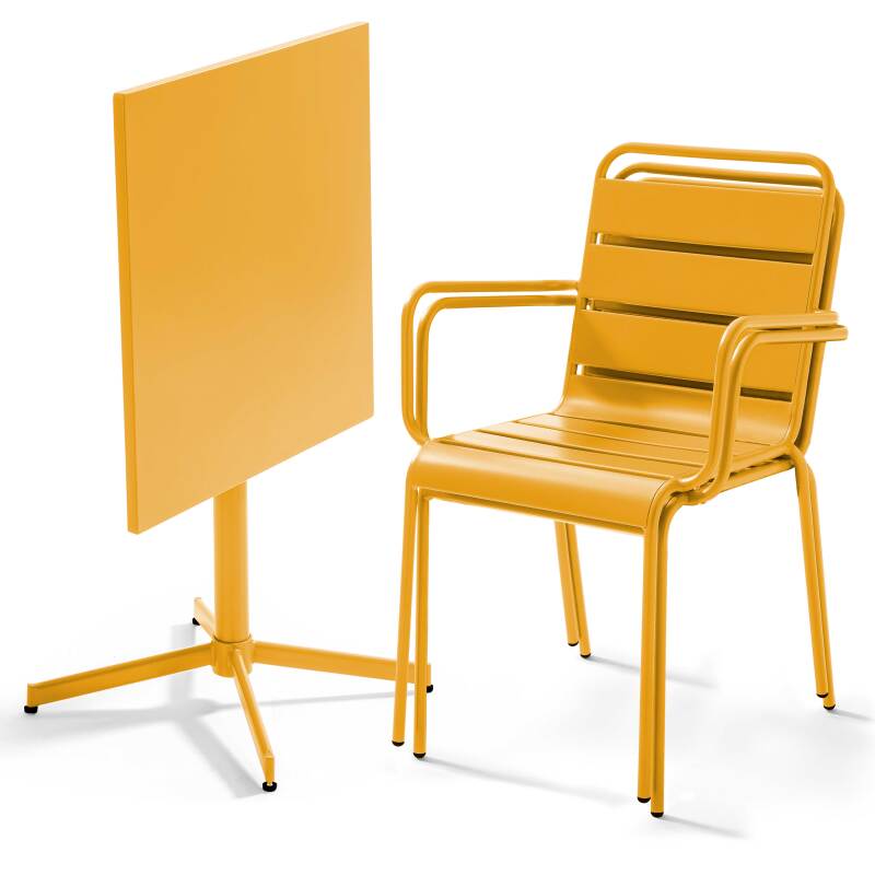 Table de jardin bistrot carrée inclinable en métal 70x70 cm et 2 chaises avec accoudoirs
