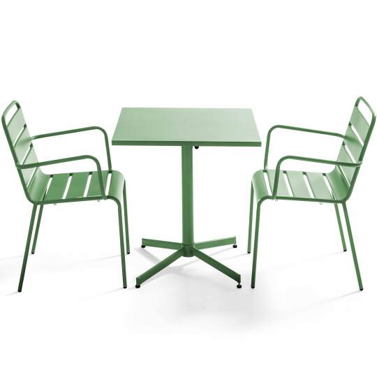 Table de jardin bistrot carrée inclinable en métal 70x70 cm et 2 chaises avec accoudoirs | Oviala
