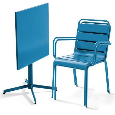 Table de jardin bistrot carrée inclinable en métal 70x70 cm et 2 chaises avec accoudoirs