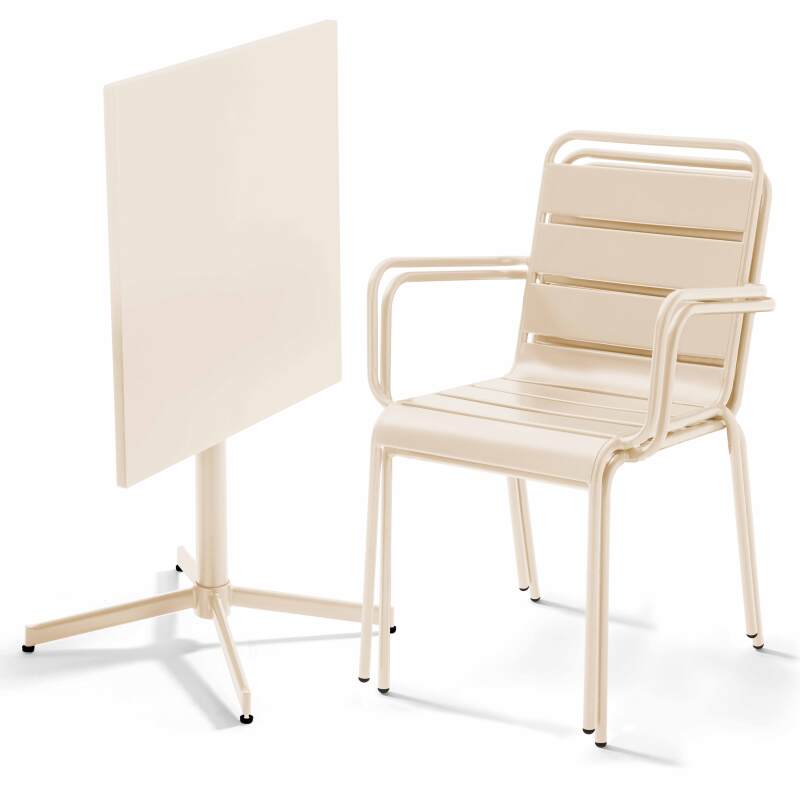 Table de jardin bistrot carrée inclinable en métal 70x70 cm et 2 chaises avec accoudoirs