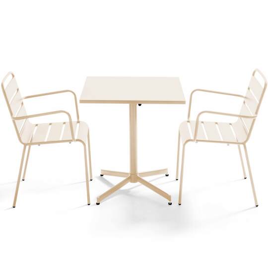 Table de jardin bistrot carrée inclinable en métal 70x70 cm et 2 chaises avec accoudoirs | Oviala