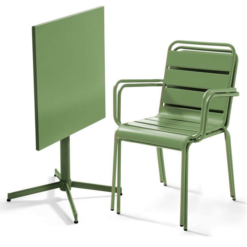 Table de jardin bistrot carrée inclinable en métal 70x70 cm et 2 chaises avec accoudoirs