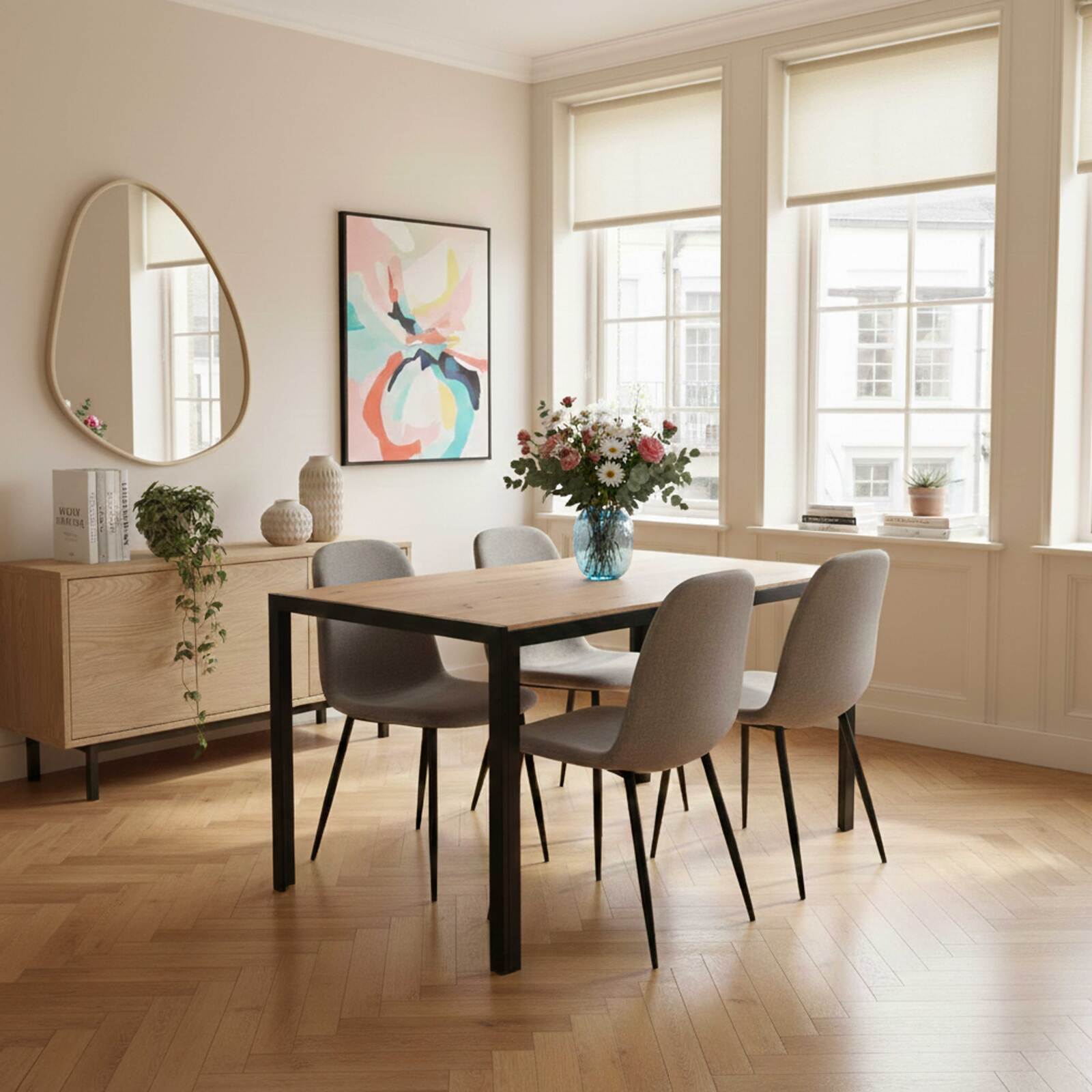 Table à manger en métal et effet bois 4 personnes