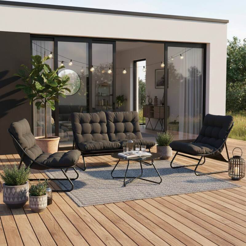 Salon de jardin en métal 4 places avec 1 canapé, 2 fauteuils et table basse