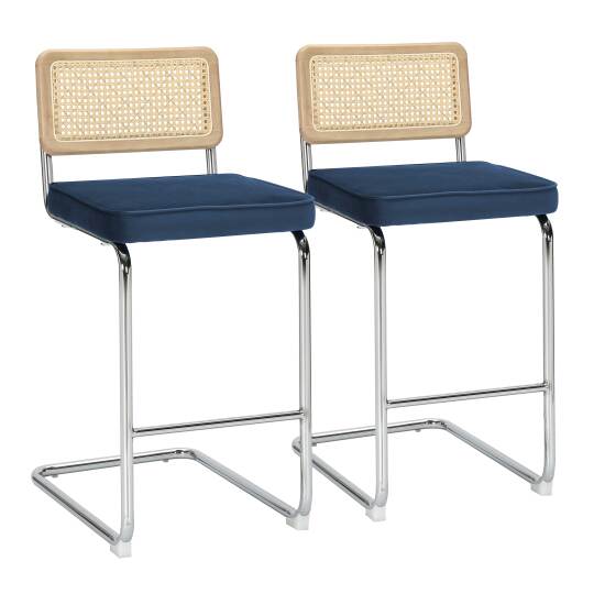 Chaises hautes en velours et métal avec dossier bois esprit cannage - Lot de 2 | Oviala