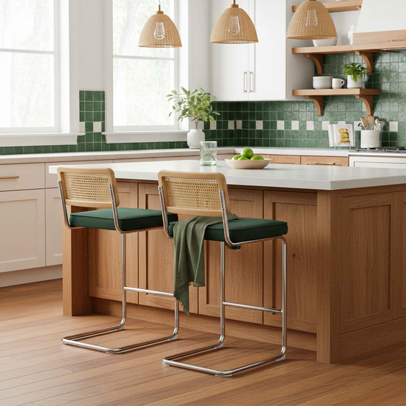 Chaises hautes en velours et métal avec dossier bois esprit cannage - Lot de 2