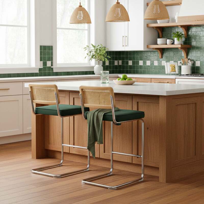 Chaises hautes en velours et métal avec dossier bois esprit cannage - Lot de 2