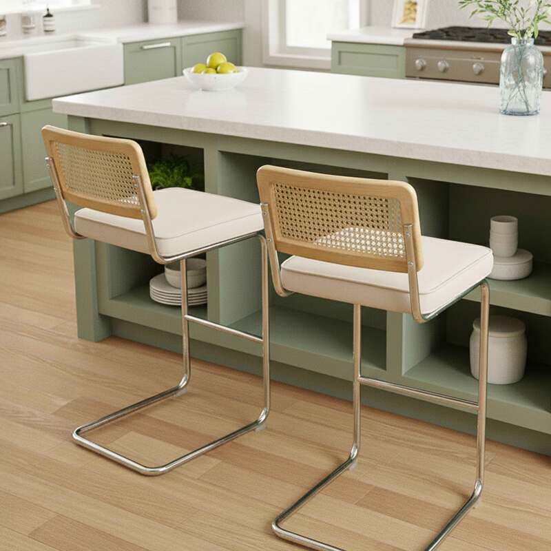 Chaises hautes en velours et métal avec dossier bois esprit cannage - Lot de 2