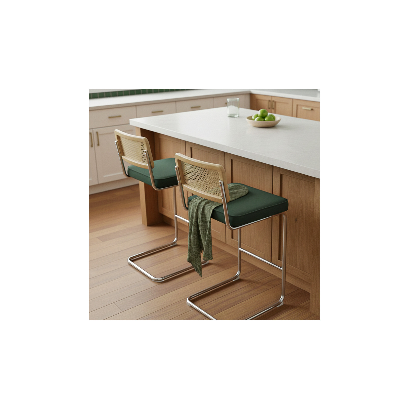 Chaises hautes en velours et métal avec dossier bois esprit cannage - Lot de 2