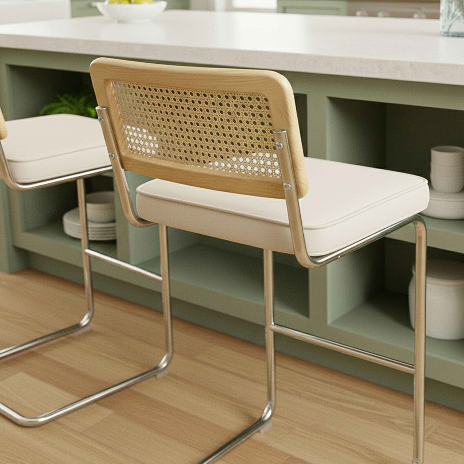 Chaises hautes en velours et métal avec dossier bois esprit cannage - Lot de 2