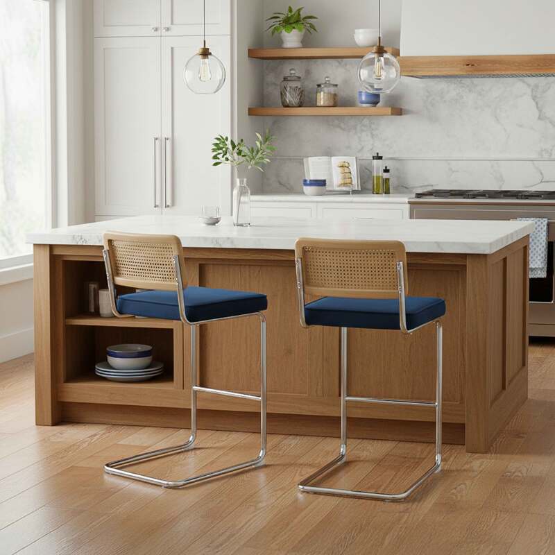 Chaises hautes en velours et métal avec dossier bois esprit cannage - Lot de 2