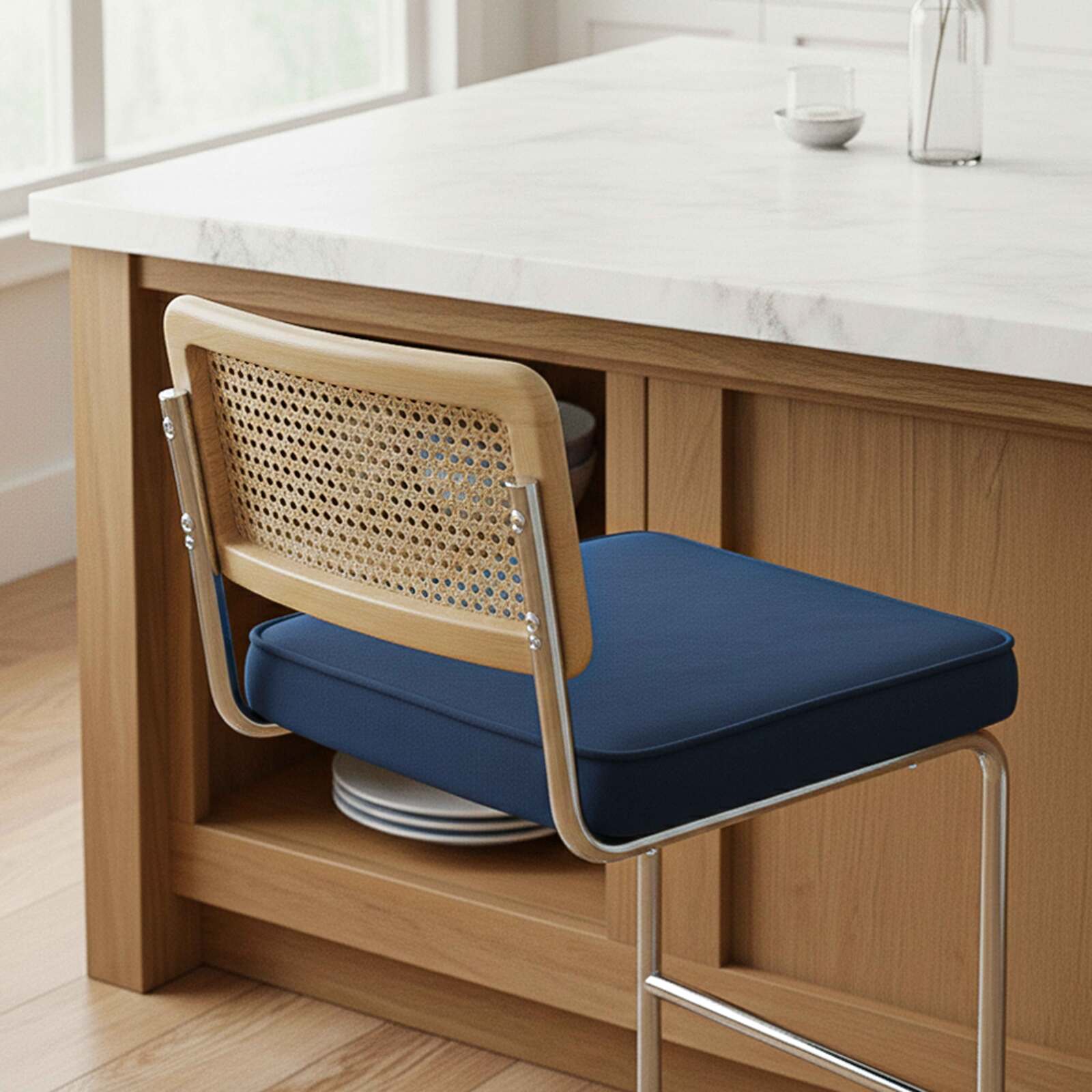 Chaises hautes en velours et métal avec dossier bois esprit cannage - Lot de 2