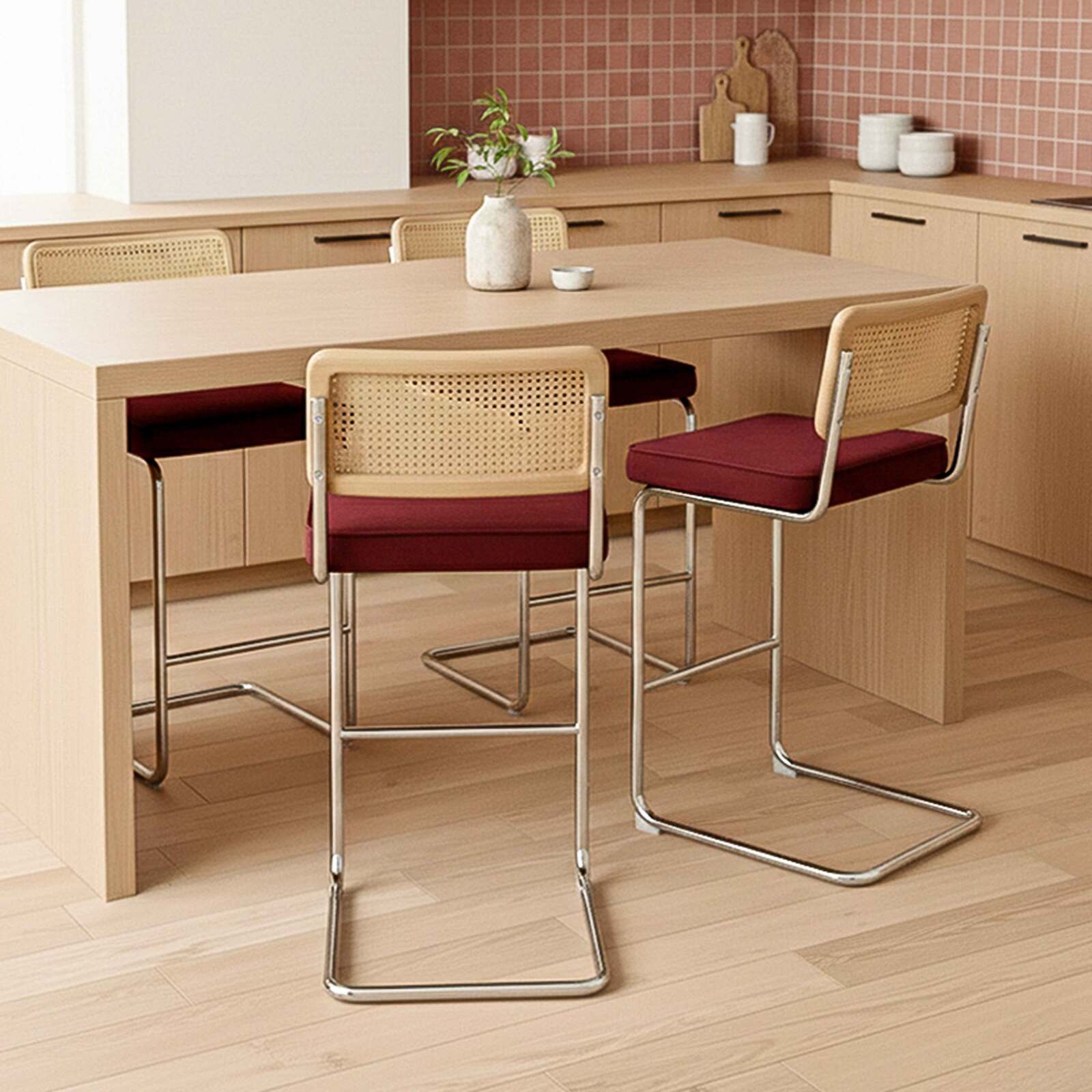 Chaises hautes en velours et métal avec dossier bois esprit cannage - Lot de 2