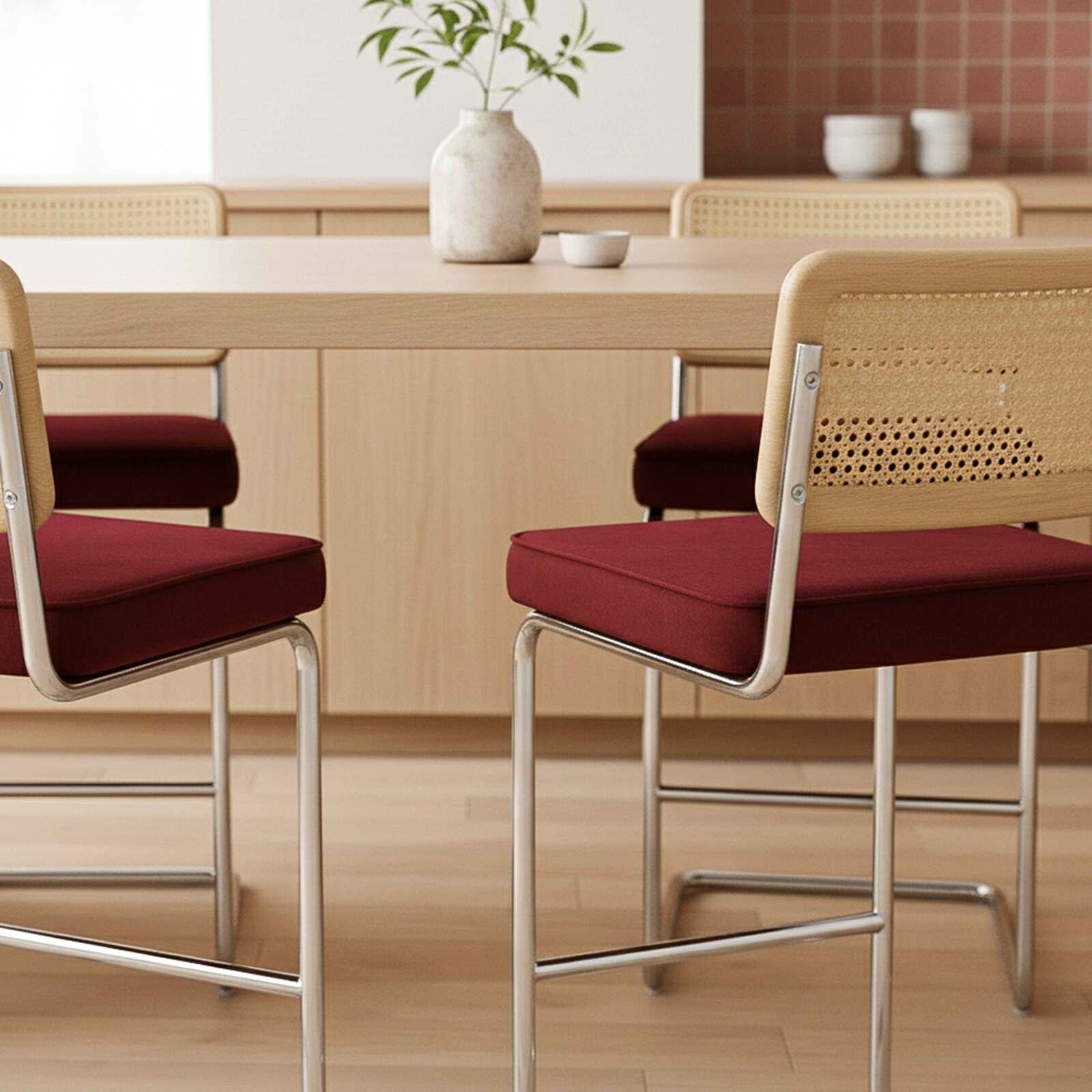 Chaises hautes en velours et métal avec dossier bois esprit cannage - Lot de 2