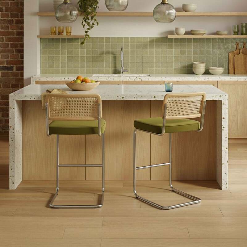 Chaises hautes en velours et métal avec dossier bois esprit cannage - Lot de 2