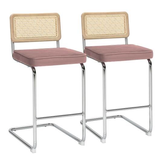 Chaises hautes en velours et métal avec dossier bois esprit cannage - Lot de 2