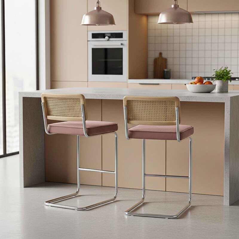 Chaises hautes en velours et métal avec dossier bois esprit cannage - Lot de 2