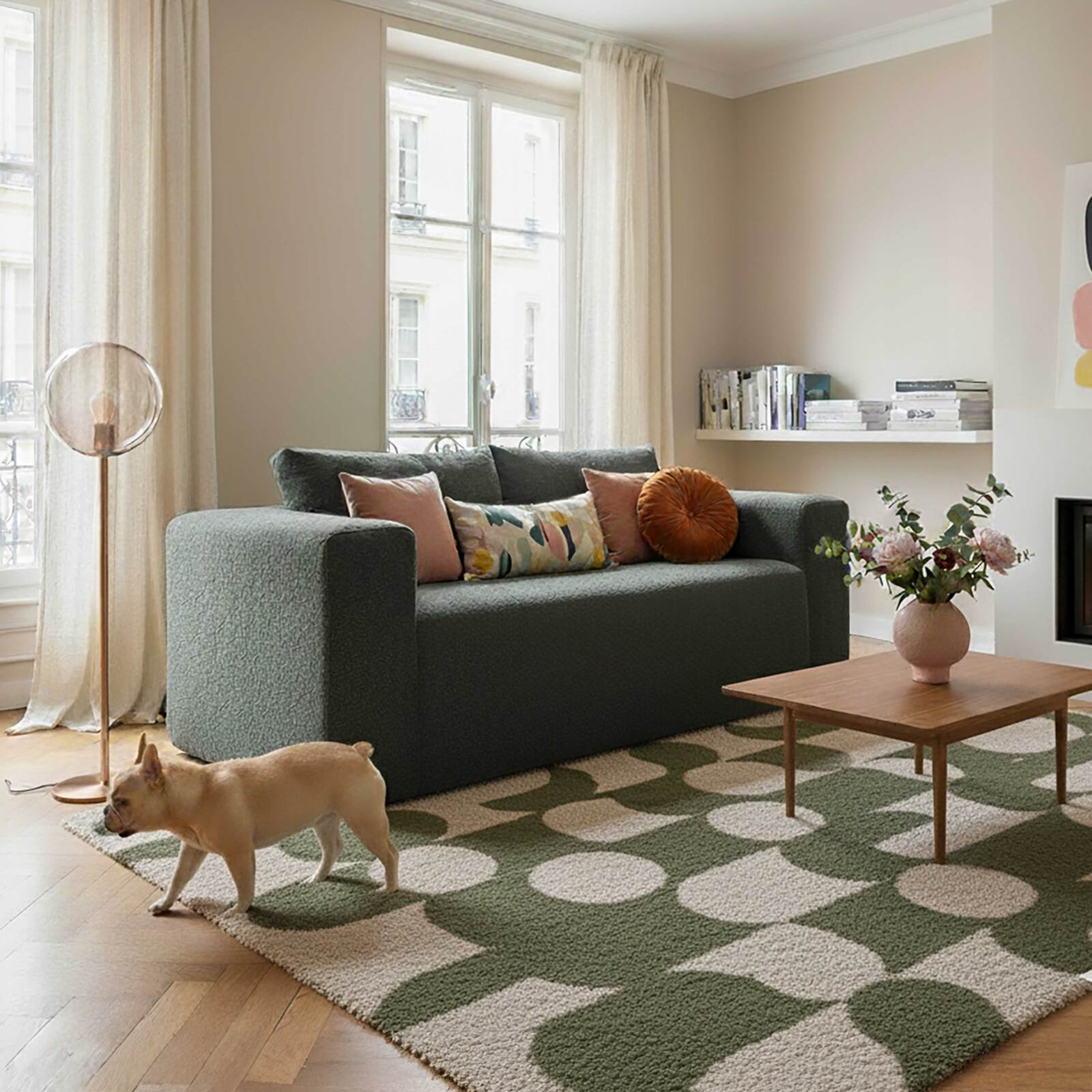 Canapé 2 places en tissu bouclette avec coussins