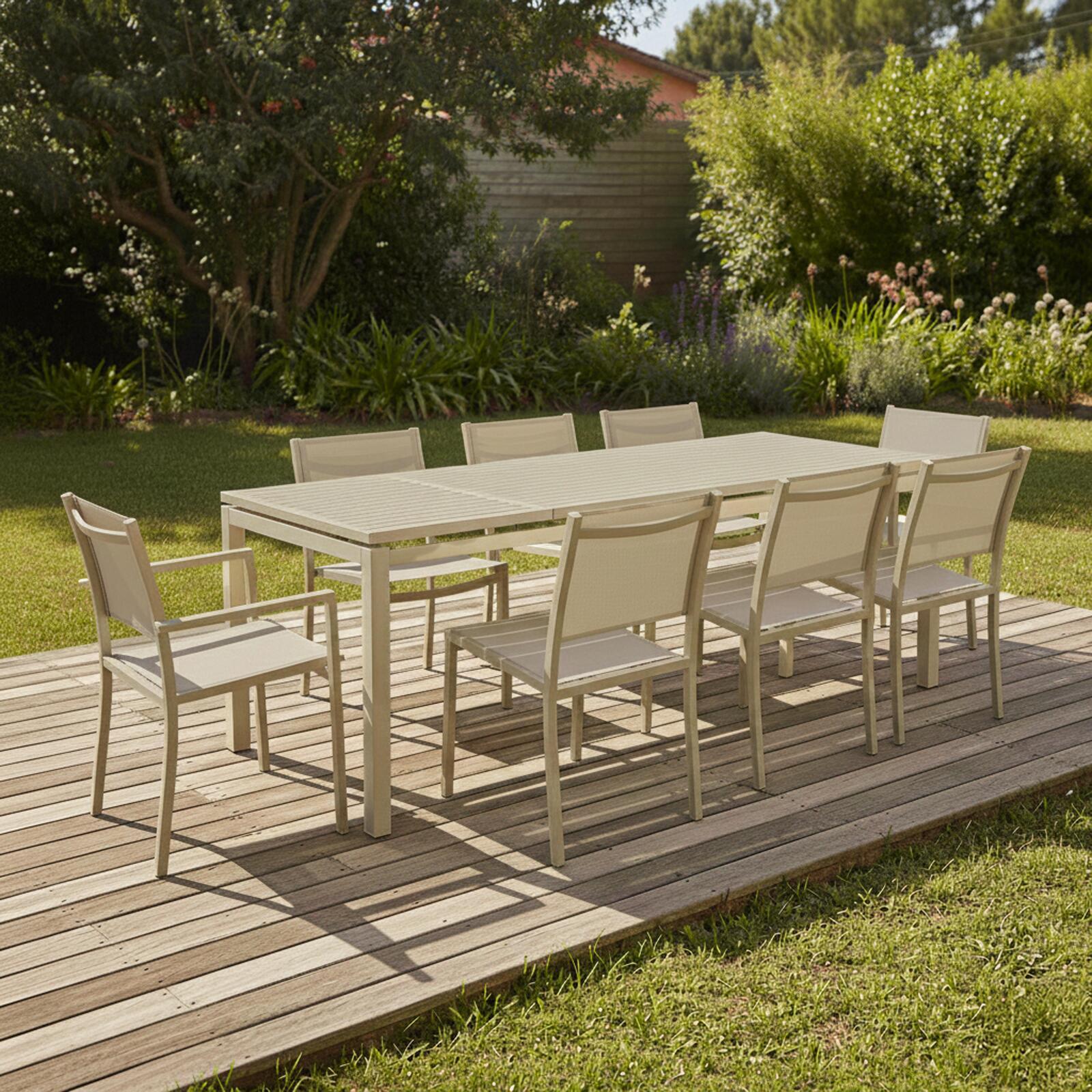 Table de jardin extensible en aluminium 180/240x90 cm et 8 chaises en textilène