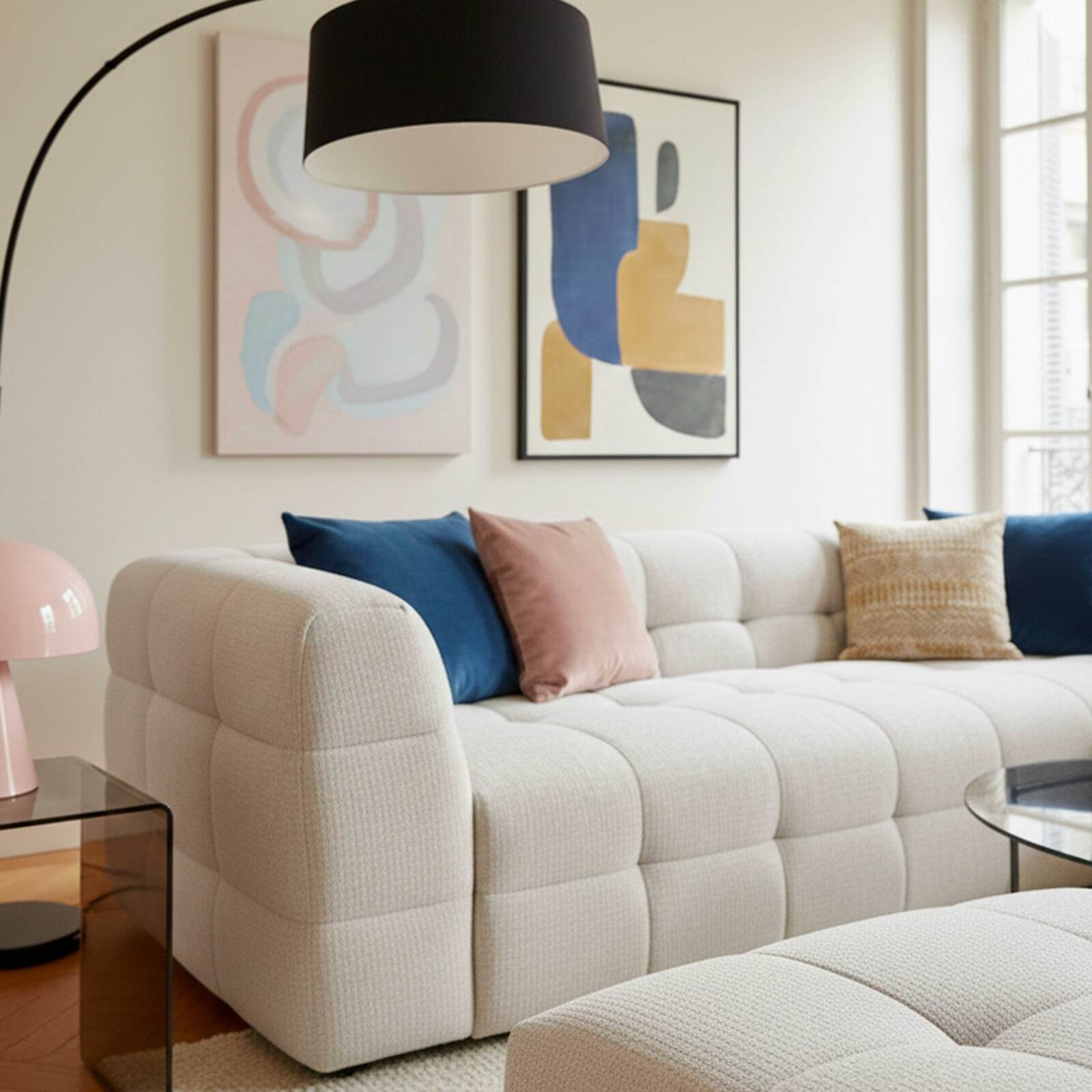 Canapé 3 places en tissu avec pouf