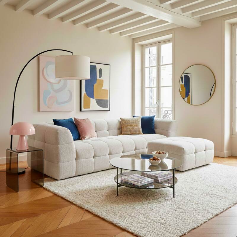 Canapé 3 places en tissu avec pouf (6/8)