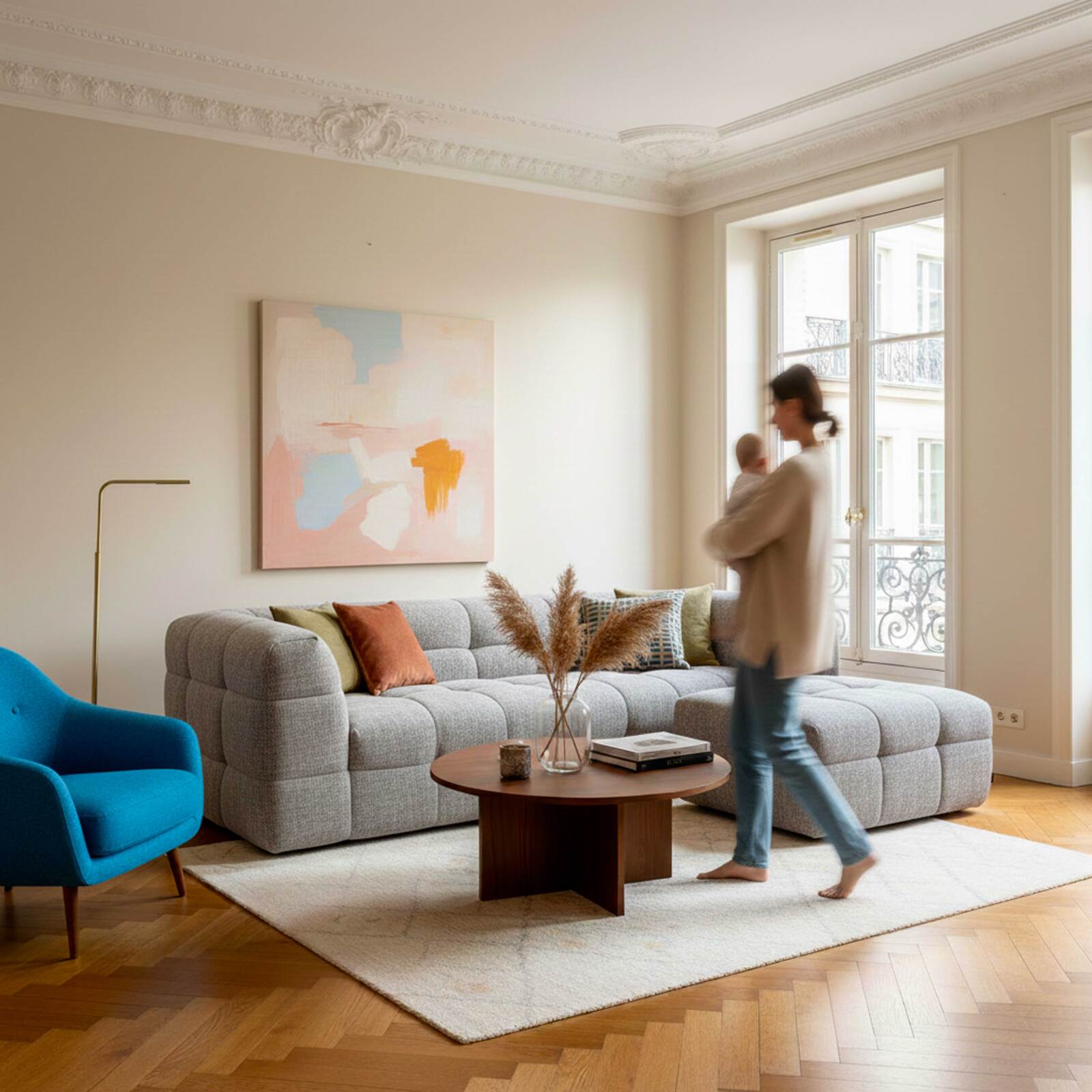 Canapé 3 places en tissu avec pouf