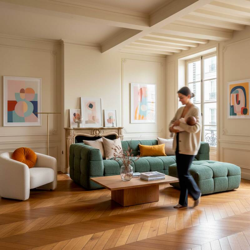 Canapé 3 places en tissu avec pouf