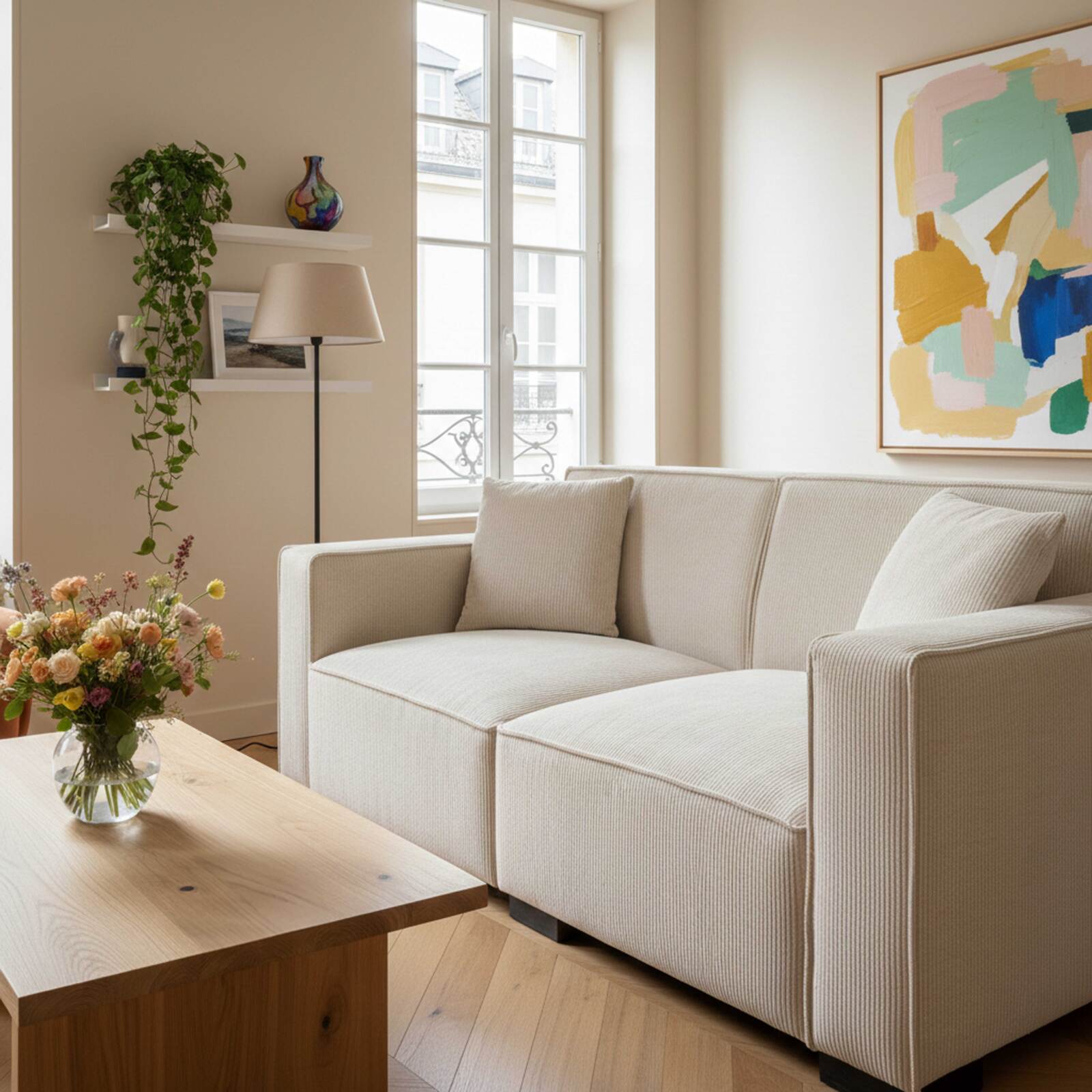 Canapé 2 places en velours côtelé avec coussins