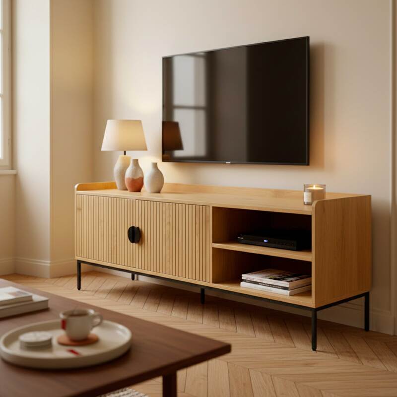 Meuble TV noir et effet bois et lattes 150 cm style scandinave