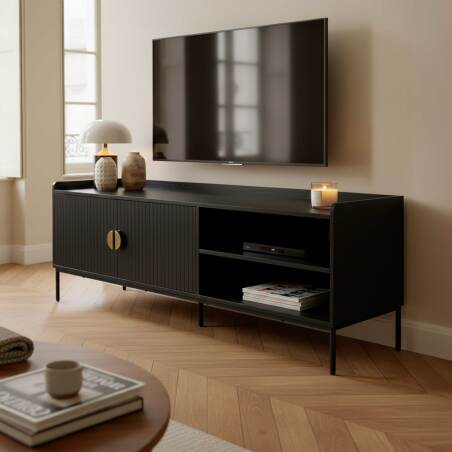 Meuble TV noir et effet bois et lattes 150 cm style scandinave
