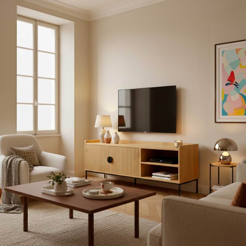 Meuble TV noir et effet bois et lattes 150 cm style scandinave (7/8)