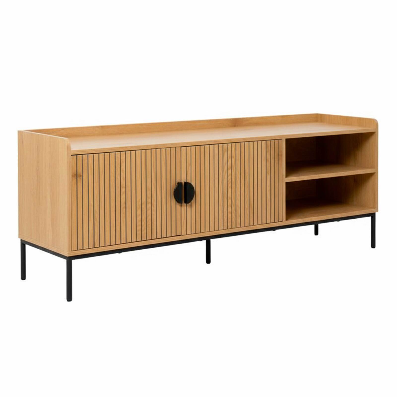 Meuble TV noir et effet bois et lattes 150 cm style scandinave