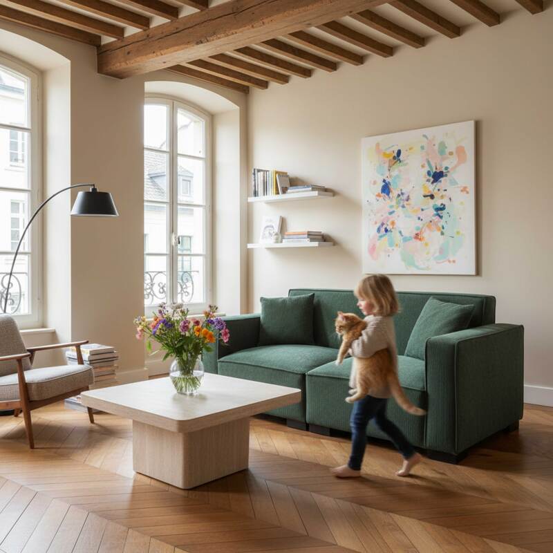 Canapé 2 places en velours côtelé avec coussins