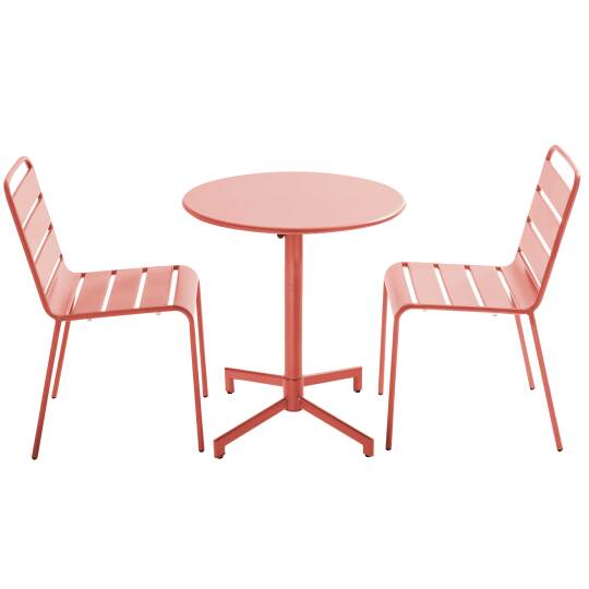 Table de jardin bistrot ronde inclinable en métal avec pied encastrable Ø70 cm et 2 chaises | Oviala
