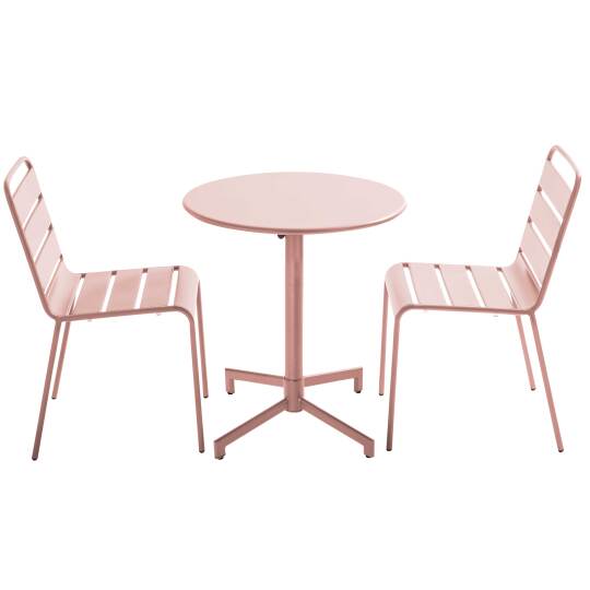 Table de jardin bistrot ronde inclinable en métal avec pied encastrable Ø70 cm et 2 chaises | Oviala