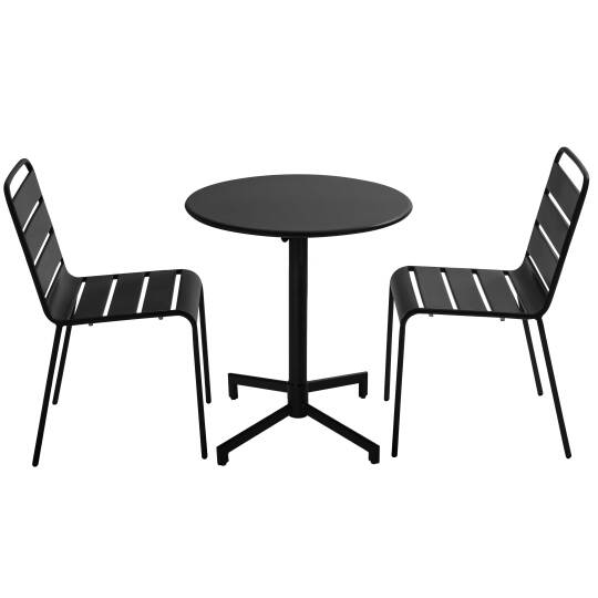 Table de jardin bistrot ronde inclinable en métal avec pied encastrable Ø70 cm et 2 chaises | Oviala