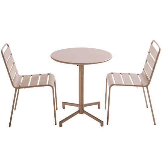 Table de jardin bistrot ronde inclinable en métal avec pied encastrable Ø70 cm et 2 chaises | Oviala