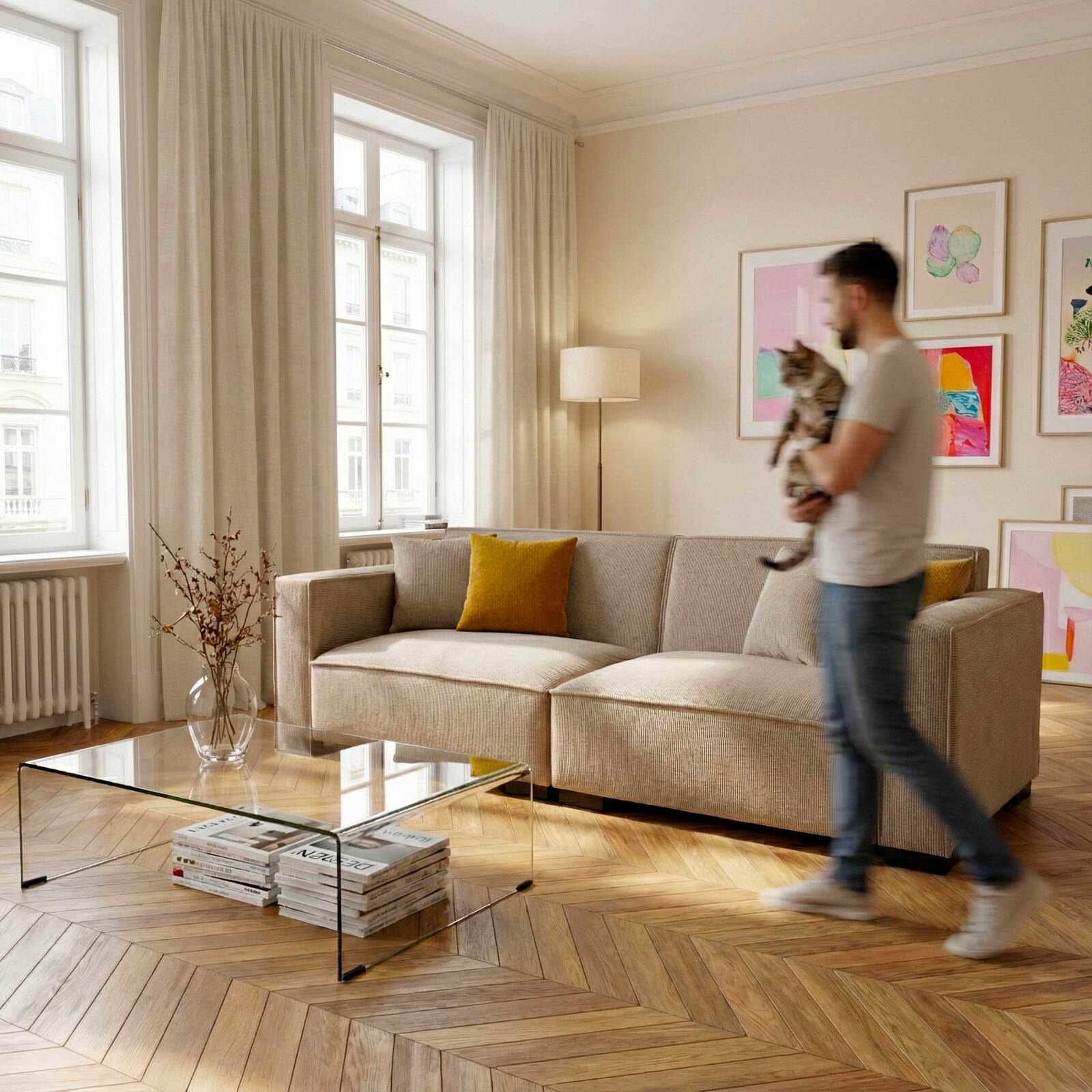 Canapé 3 places en velours côtelé avec coussins