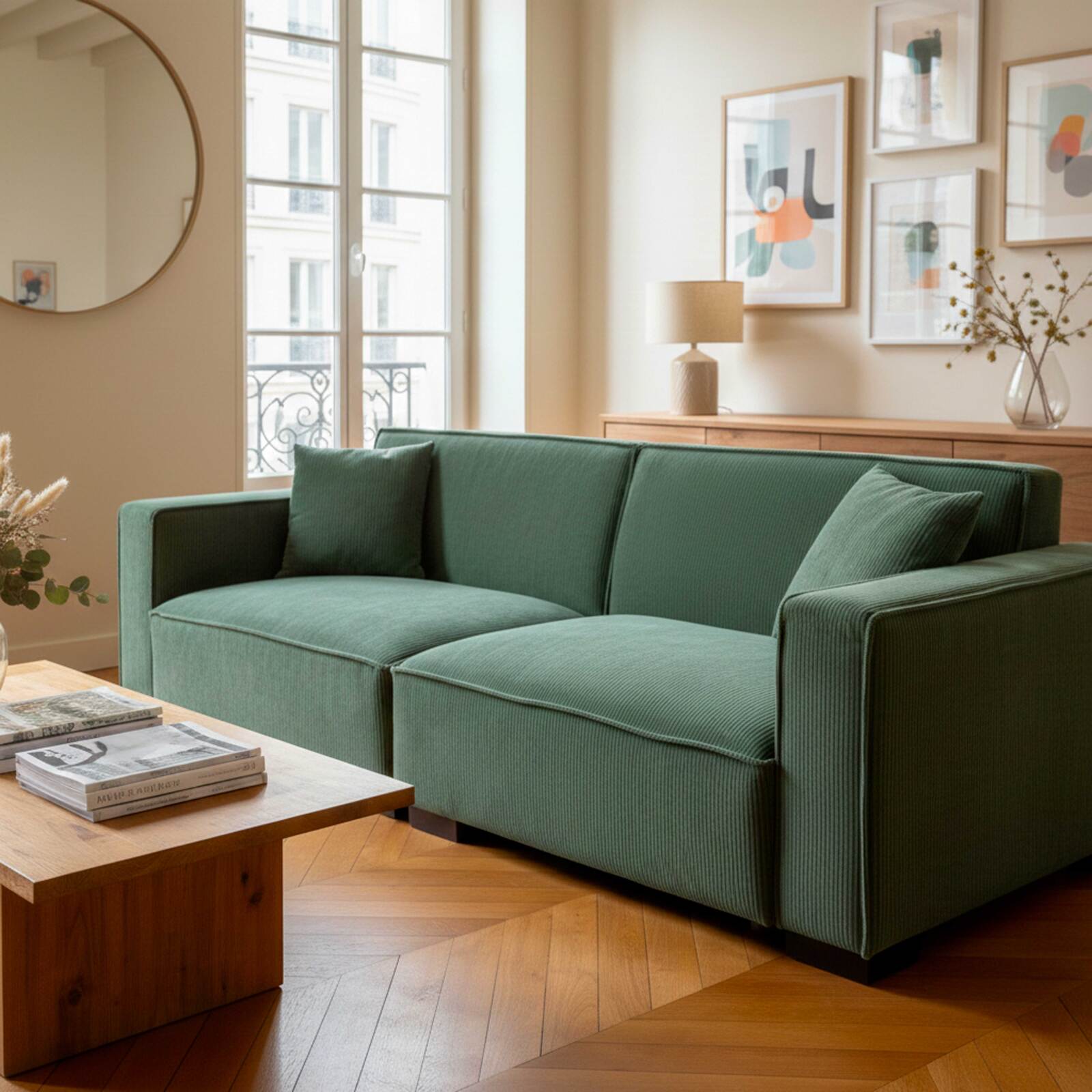 Canapé 3 places en velours côtelé avec coussins