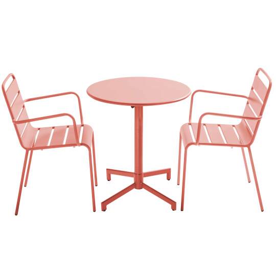 Table de jardin bistrot ronde inclinable en métal avec pied encastrable Ø70 cm et 2 chaises avec accoudoirs | Oviala